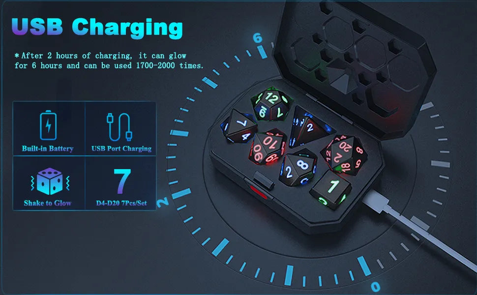Glowing Rechargable LED Light Up 7 Piece Dice Set With Charging Case (Online Order Only)
