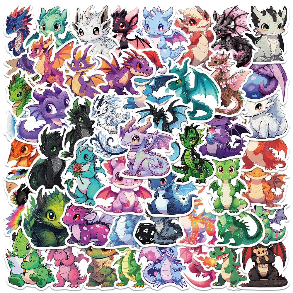 50pcs Cute Cartoon Magic Dragons Stickers For Luggage Laptop Guitar Skateboard DIY Waterproof Graffiti Vinyl Decals (ONLINE ORDER ONLY)