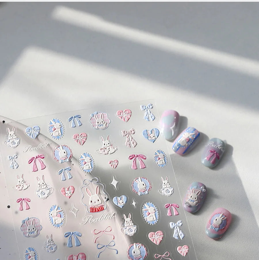 Cute Rabbit Fan Peach Blossom Teacup Lollipop Strawberry Star Cherry Hat Soft Embossed Adhesive Nail Art Stickers Manicure Decal (ONLINE ORDER ONLY)
