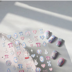 Cute Rabbit Fan Peach Blossom Teacup Lollipop Strawberry Star Cherry Hat Soft Embossed Adhesive Nail Art Stickers Manicure Decal (ONLINE ORDER ONLY)