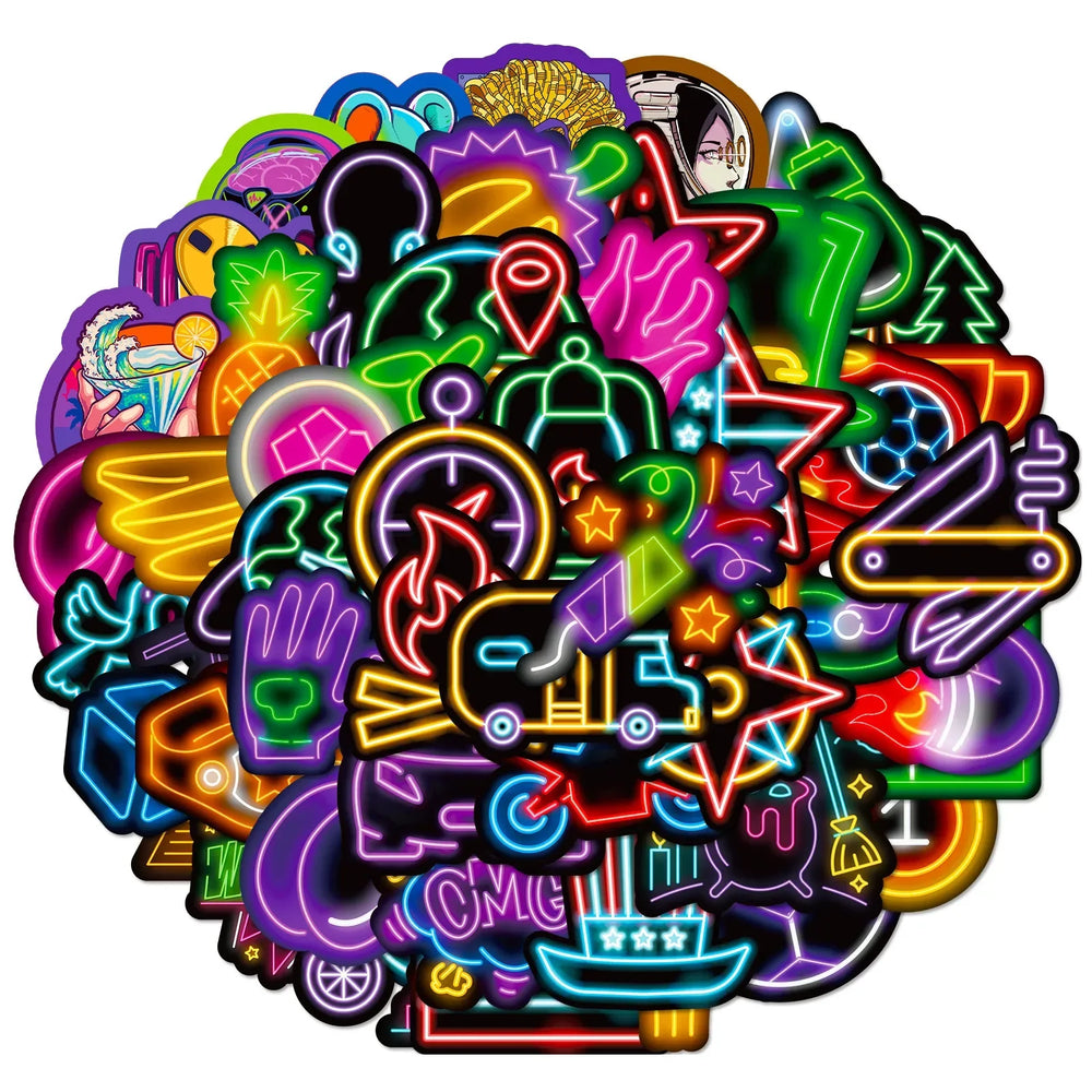 Neon Graffiti Stickers 10/25/50pcs for DIY Suitcase, Water Bottle, Phone, Laptop, Guitar, Car, Motorcycle, Skateboard (Online Order Only)