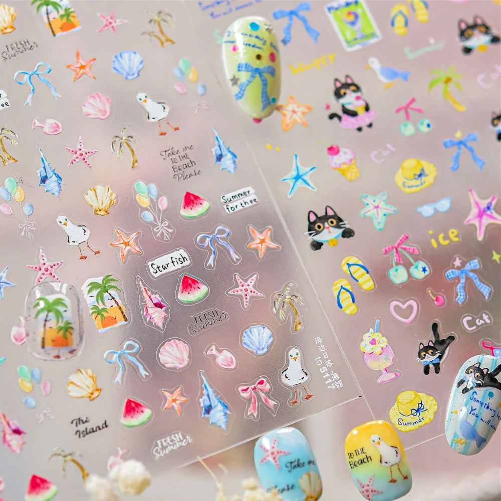 Summer Beach Bikini Watermelon Hat Sandals Ice Cream Shell Conch Starfish Cat Duck Nail Art Decoration Stickers Manicure Decals (ONLINE ORDER ONLY)