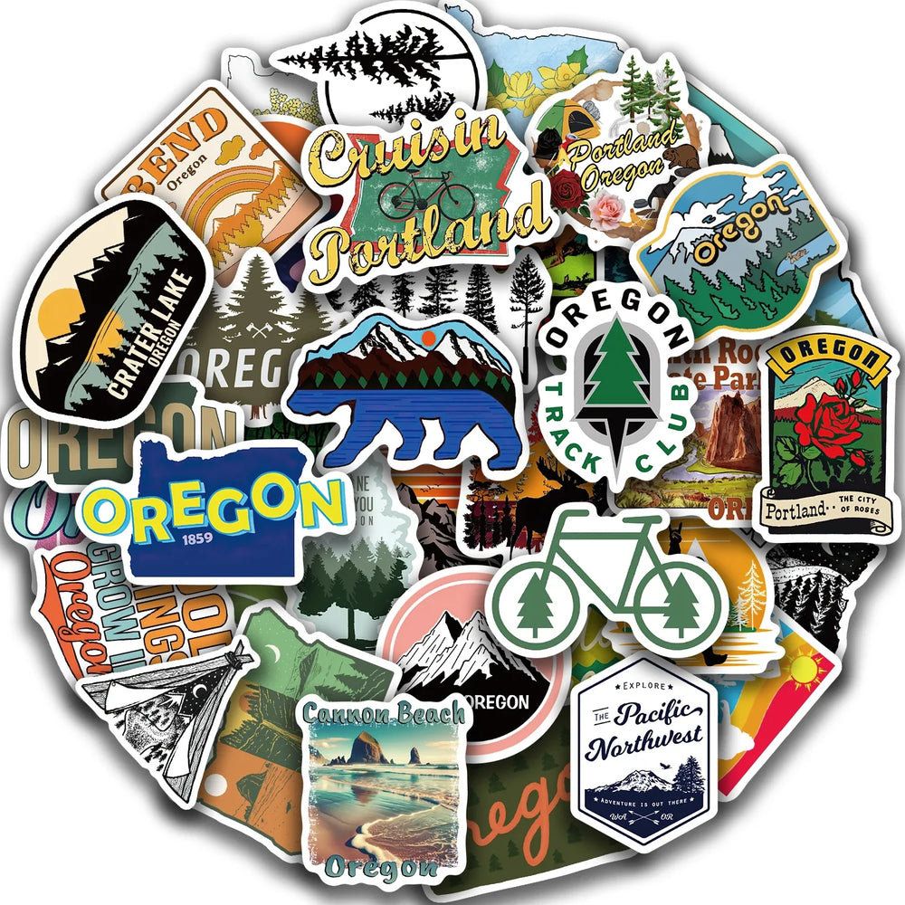 50Pcs Oregon America State Sticker For Laptop Luggage Phone Suitcase Skateboard Styling DIY Decal Pegatina Aufkleber Toy Decal (Online Order Only)