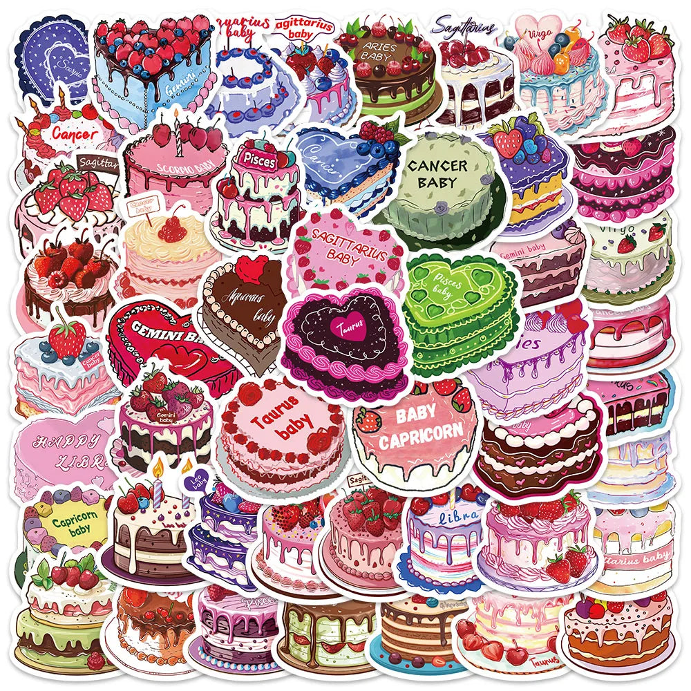 50pcs Cute Cartoon Constellation Cakes Stickers For Kids Adults Water Bottle Laptop Luggage Notebook Waterproof Vinyl Car Decals (Online Order Only)