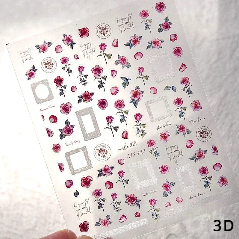 Gradient Halo Dyeing Dark Red Rose Flower Rhinestone Lace Bow Heart 3D Self Adhesive Nail Art Decoration Sticker Manicure Decals (ONLINE ORDER ONLY)