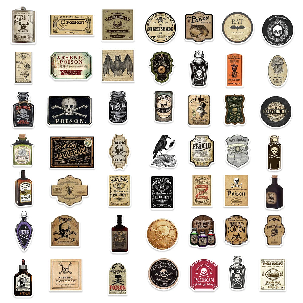 50pcs Retro Thriller Potion Stickers For Phone Case Helmet Scrapbook Skateboard Art Aesthetic Trendy Waterproof Sticker Decals (ONLINE ORDER ONLY)