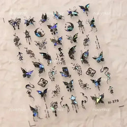 Charming Delicate Sapphire Color Blue Black Stroke Butterfly Jelly Relief Rhinestone Adhesive Nail Art Stickers Manicure Decals (Online Order Only)
