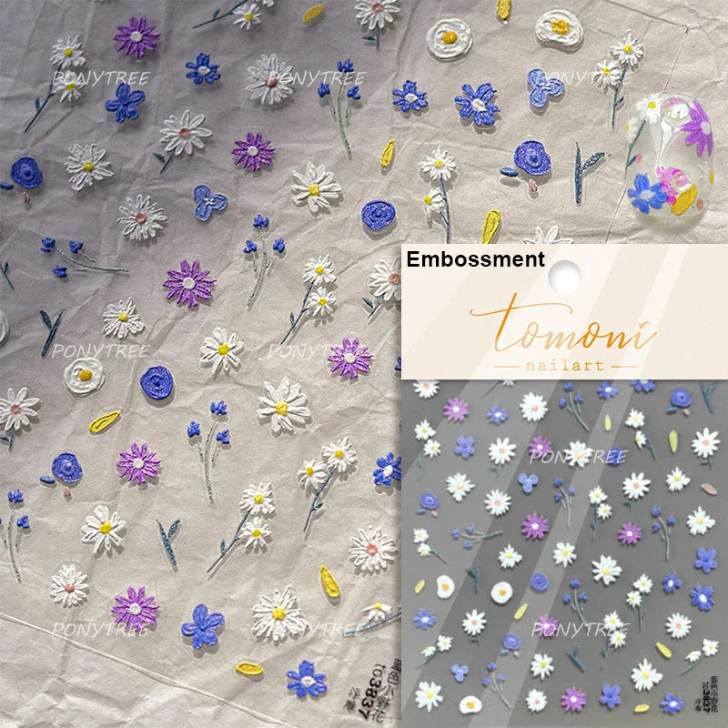 Wild Flower Oil Painting Small Variegated Daisy Peach Blossom Lavender Spring Petal Adhesive Nail Art Stickers Manicure Decals (Online Order Only)