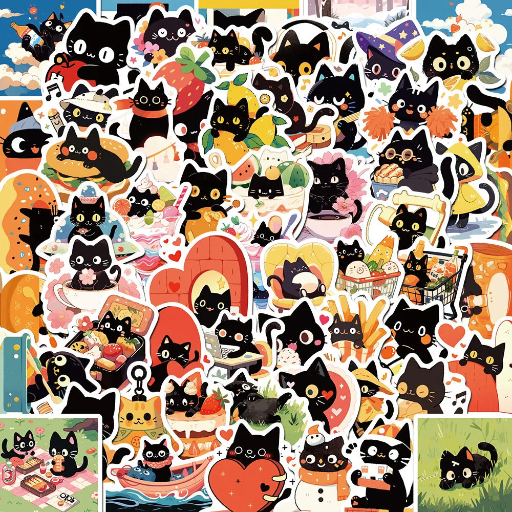 Black Cat Cartoon Stickers Pack - Laptop, Phone, Notebook, Suitcase (Online Order Only)
