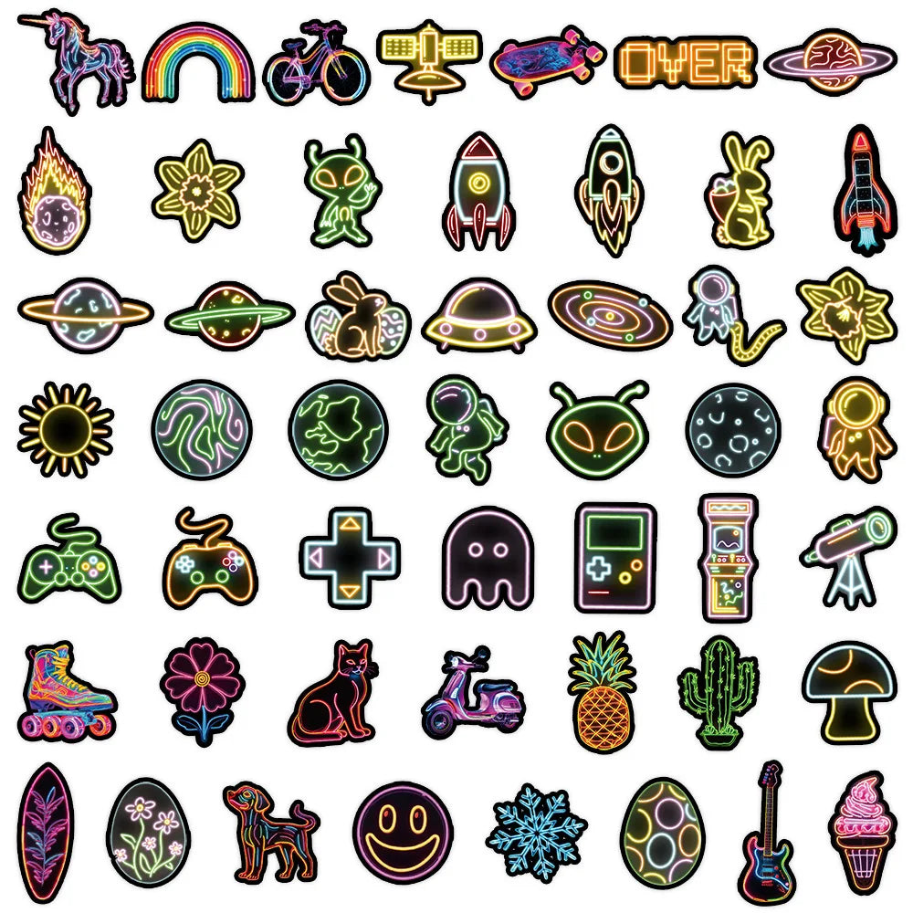 10/30/50PCS Cartoon Neon Sticker Graffiti Mobile Phone Luggage Helmet Water Cup Guitar DIY Wall Sticker Toy Decoration Wholesale (ONLINE ORDER ONLY)