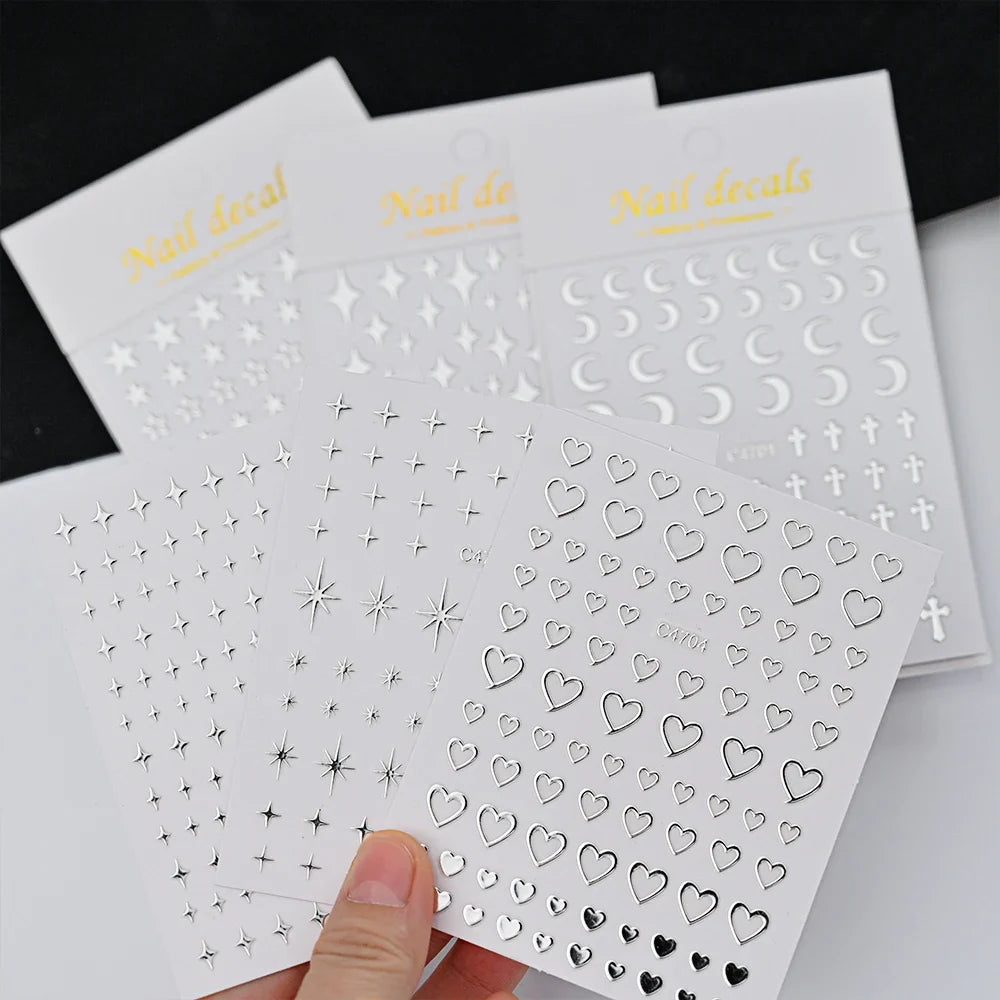 6pcs Mirror Silver Star 3D Nail Sticker Holographic Heart/Moon/Cross Design Self-Adhesive Decal Manicure Art Supplies Decoration (ONLINE ORDER ONLY)