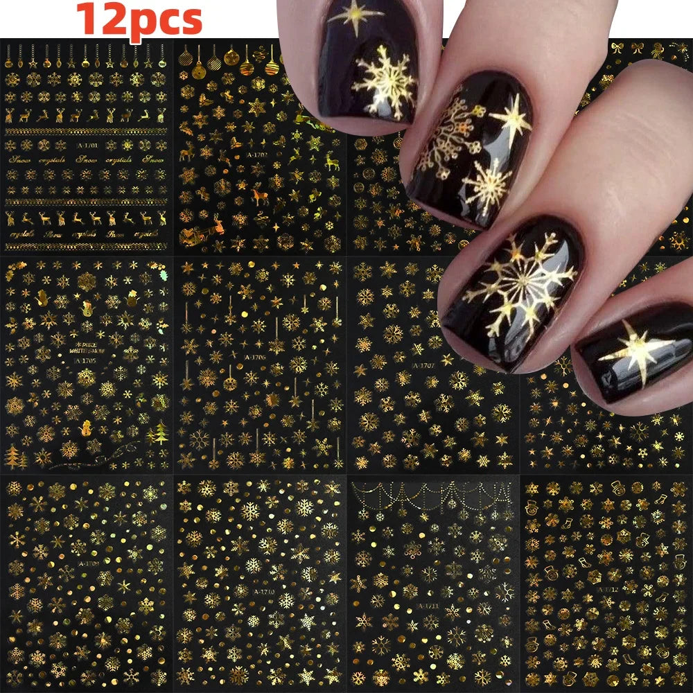 12Pcs 3D Golden Red Glitter Heart Love Nail Sticker Valentine Self Adhesive Cartoon Decal Geometry Lines Stripe Slider Manicure* (ONLINE ORDER ONLY)