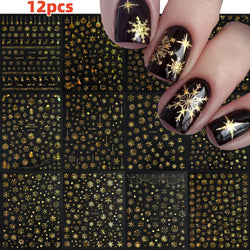 12Pcs 3D Golden Red Glitter Heart Love Nail Sticker Valentine Self Adhesive Cartoon Decal Geometry Lines Stripe Slider Manicure* (ONLINE ORDER ONLY)