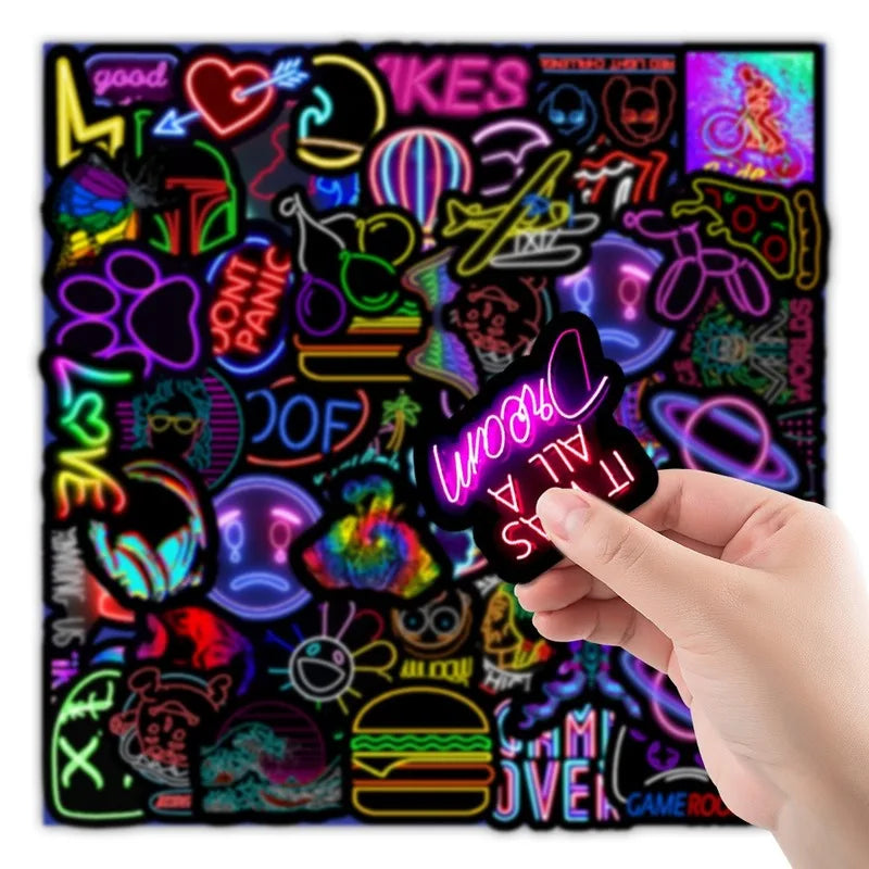 50 Pcs Funny Designer Bike Stickers Neon Decals Bicycle Frame Stickers Fashion Cycle Travel Accessories (ONLINE ORDER ONLY)