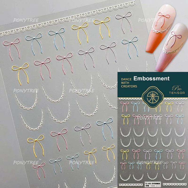 Pink Blue Purple Lovely Line Bowknot Lace Arc Curve Romantic Delicate Cording Embossed Adhesive Nail Art Sticker Manicure Decal (ONLINE ORDER ONLY)