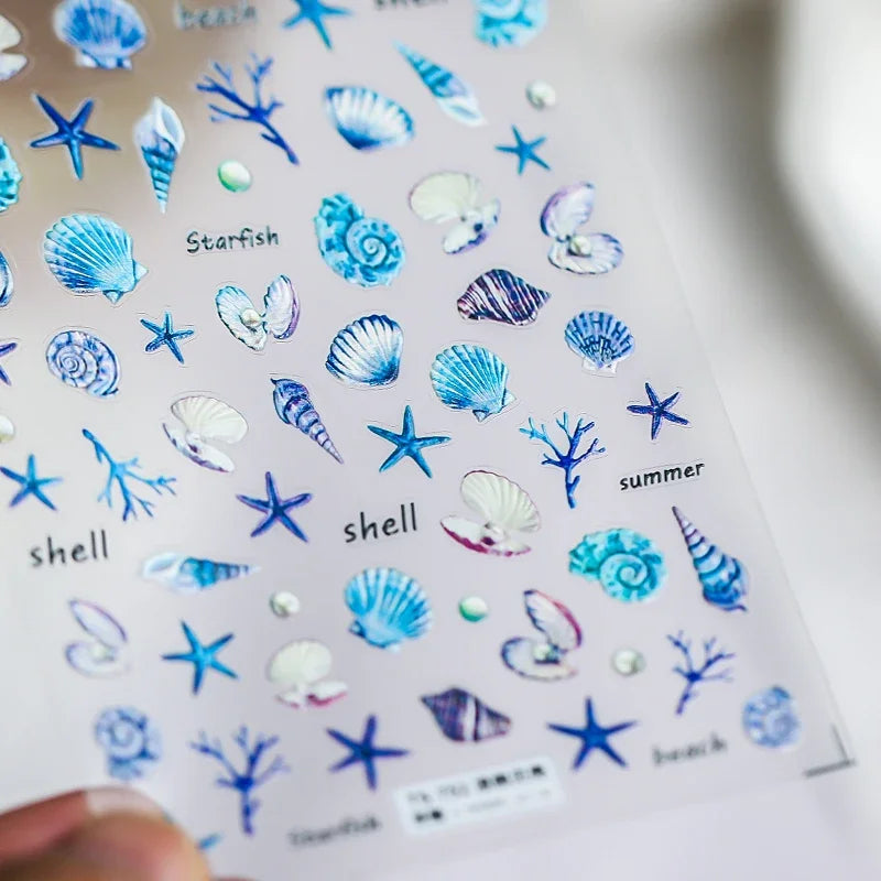Fantasy Beach Summer Dreamy Colorful Seasnail Shell Pearl Conch Jelly Star 5D Decals Soft Relief 3D Decoration Nail Art Stickers (Online Order Only)