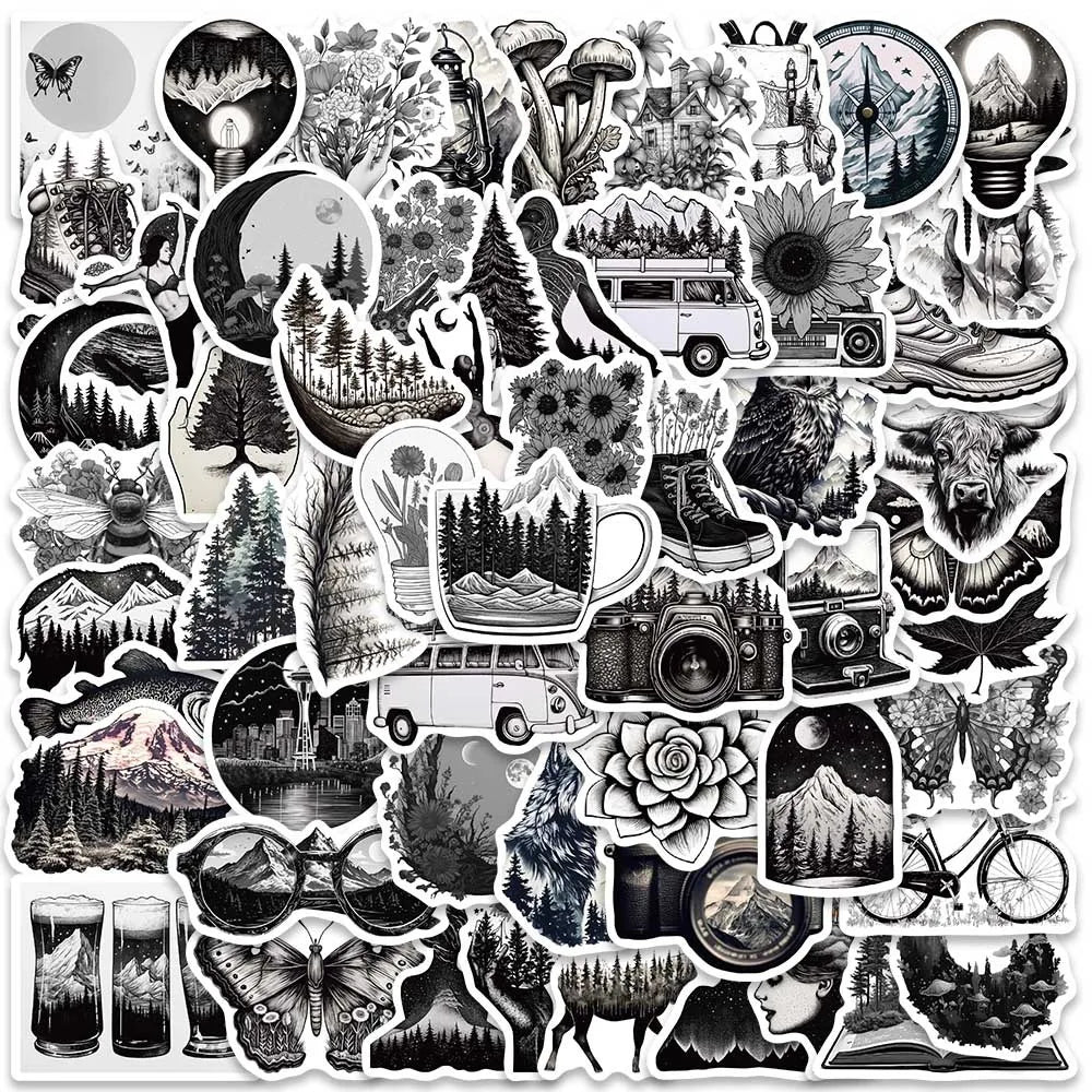 10/60PCS Black White Gothic Outdoor Landscape Stickers Aesthetic DIY Luggage Bike Skateboard Graffiti Girl Gradient Sticker Toy (Online Order Only)