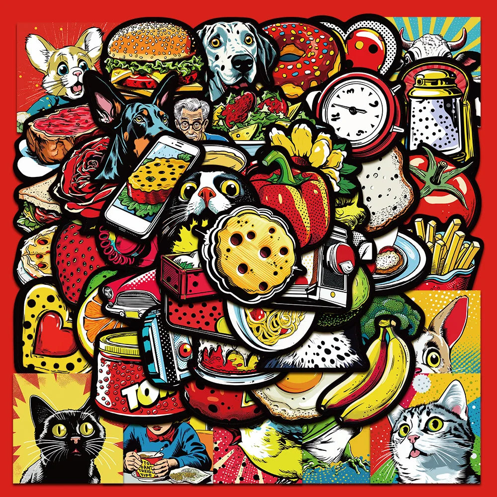 50pcs Retro Food Graffiti Stickers for Helmets, Walls, DIY Decor (Online Order Only)
