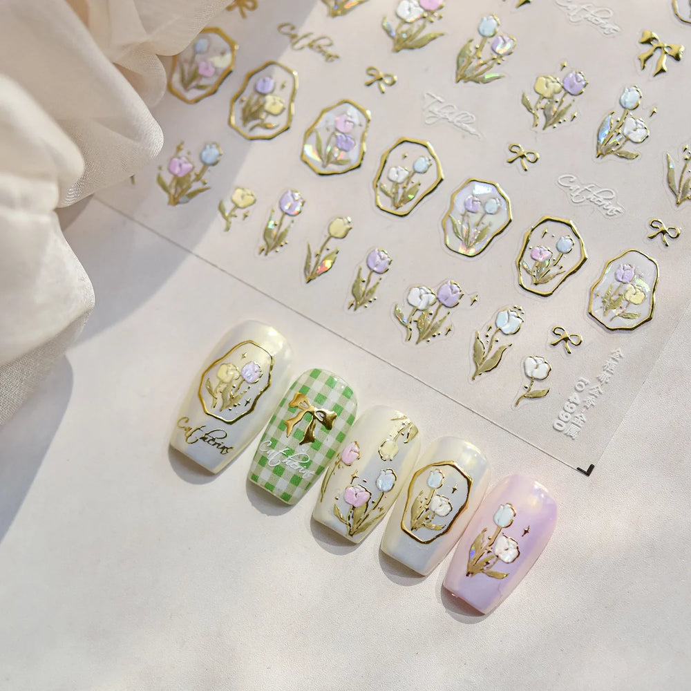 Golden Border Tulip Bloom Flower Bowknot Geometric Frame Metal Workmanship Charming Adhesive Nail Art Sticker Manicure Decals (ONLINE ORDER ONLY)