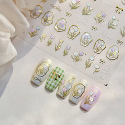 Golden Border Tulip Bloom Flower Bowknot Geometric Frame Metal Workmanship Charming Adhesive Nail Art Sticker Manicure Decals (ONLINE ORDER ONLY)