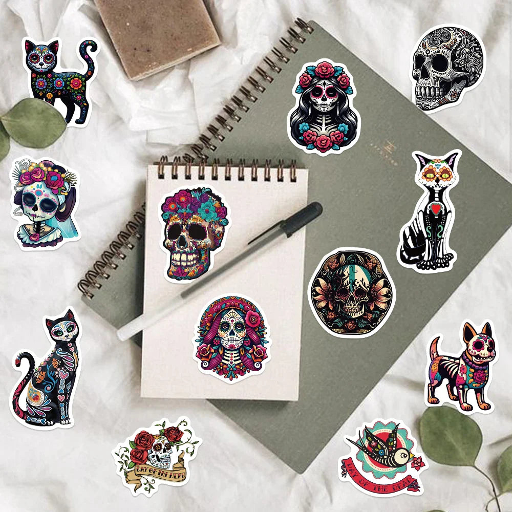 50pcs Mexican Day of the Dead Graffiti Sticker Skateboard Suitcase Guitar Kettle Deco Laptop Waterproof Phone Case Stickers (Online Order Only)