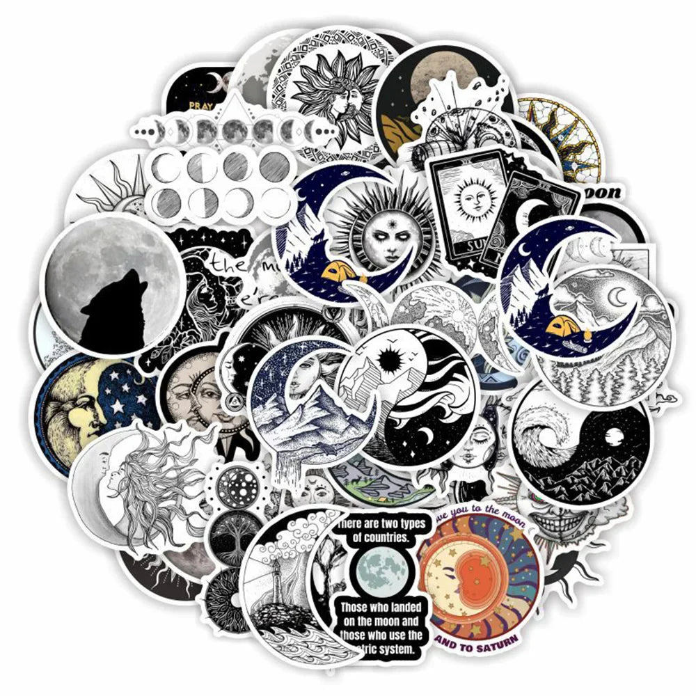 Black White Moon Planet Sun Stickers for Phone Laptop Luggage Skateboard Kid Toys (ONLINE ORDER ONLY)
