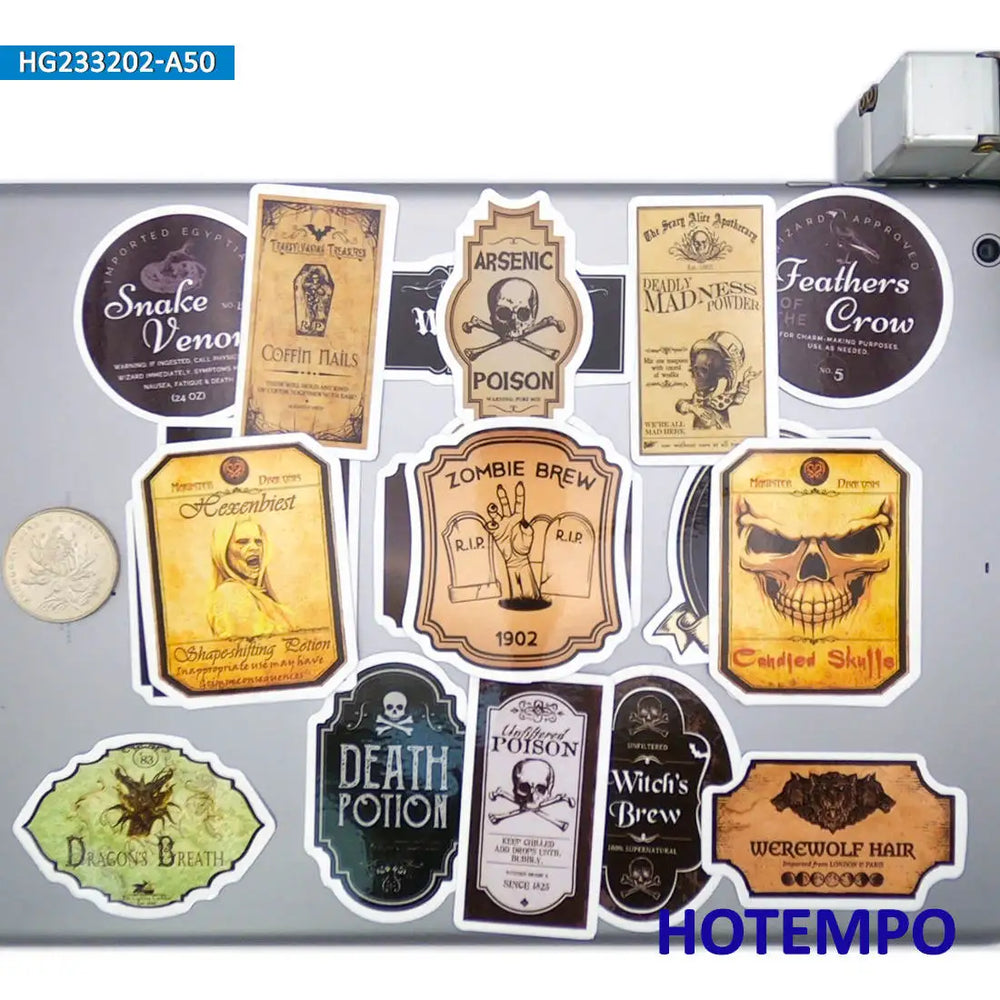 20/30/50Pieces Retro Alchemy Funny Halloween Magic Potion Label Stickers for Bottle Scrapbook Luggage Phone Laptop Sticker Toys (Online Order Only)