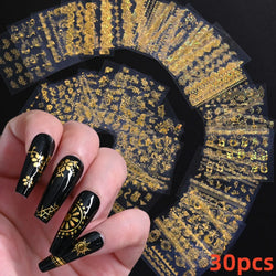 30Pcs/Set Red Golden 3D Nail Art Sticker Hot Stamping Hollow Decals Mixed Designs Adhesive Flower Nail Tips Letter Butterfly Set (Online Order Only)
