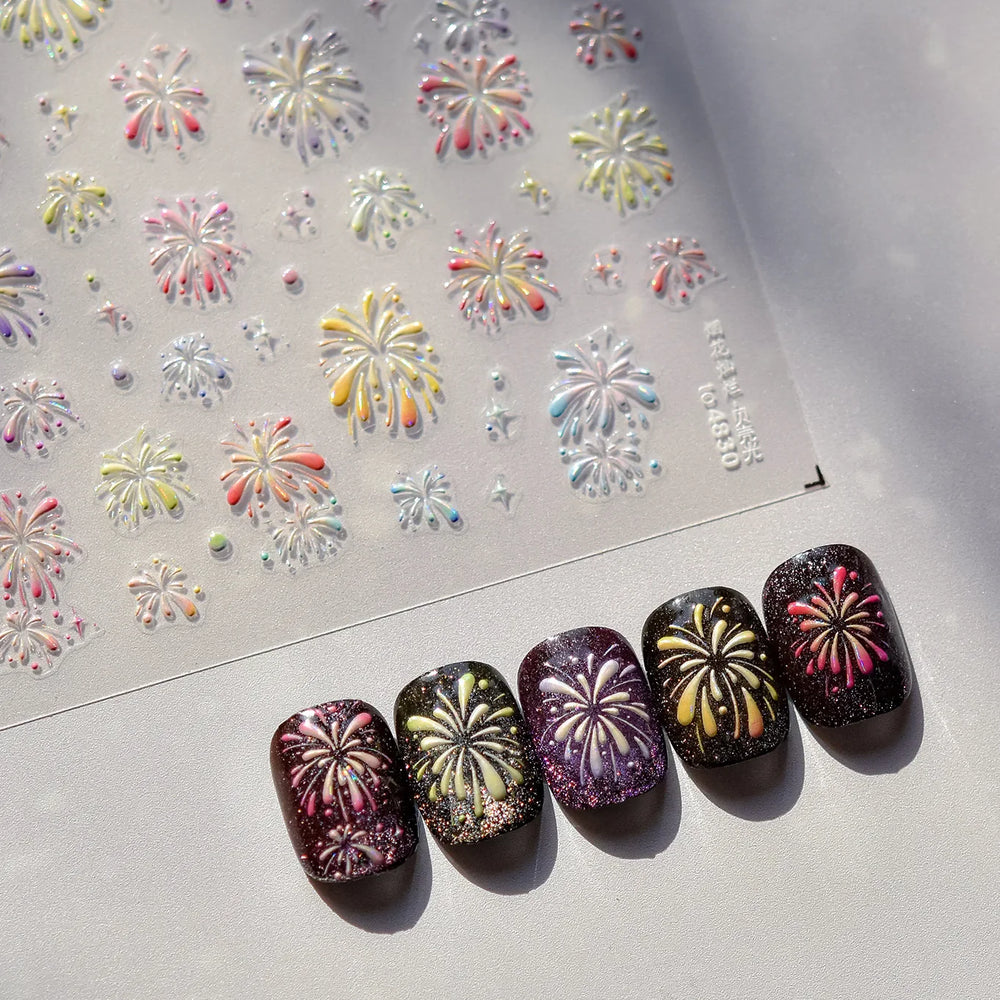 Colorful Fireworks Burst Hot Stamping Process Laser Pink Bright Romantic Self Adhesive Nail Art Stickers Chic Manicure Decals (ONLINE ORDER ONLY)