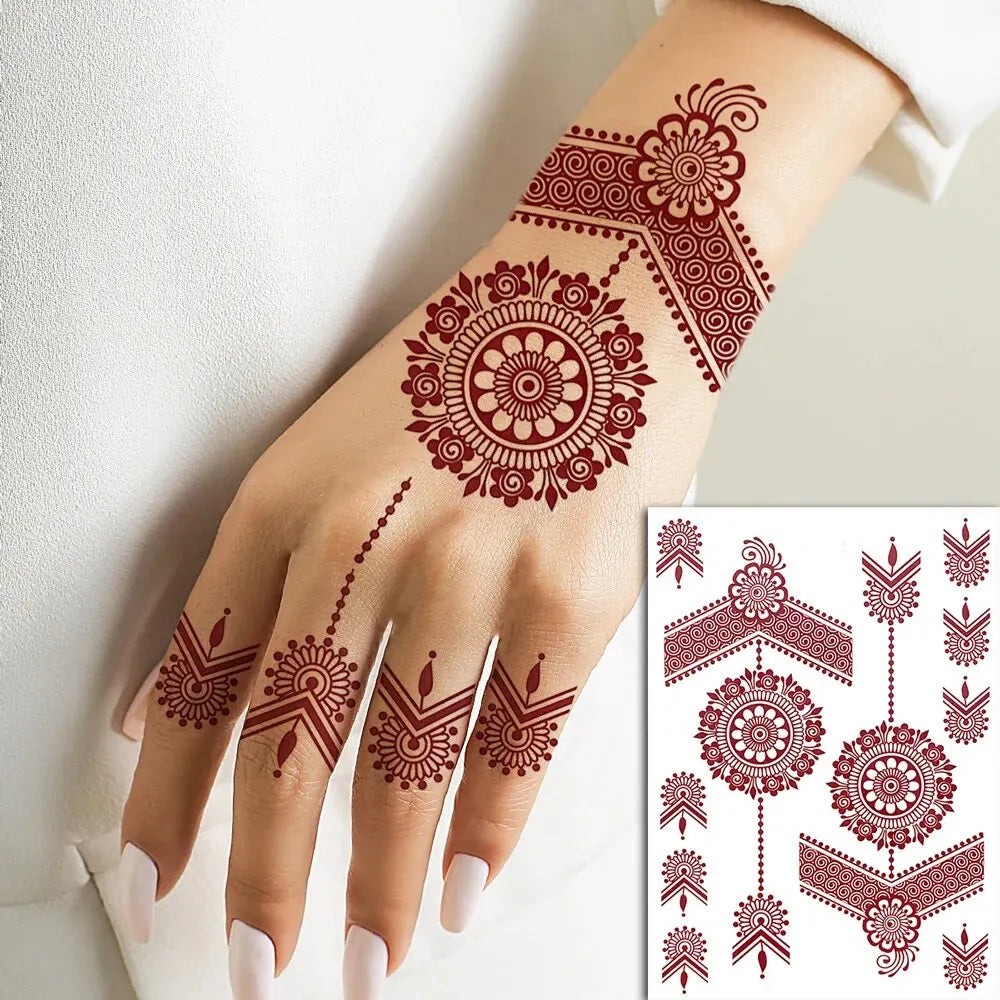 Waterproof Henna Tattoo Stickers for Women Flower Instant Fake Tattoo for Hand Temporary Tattoos for Wedding Party Festival (Online Order Only)