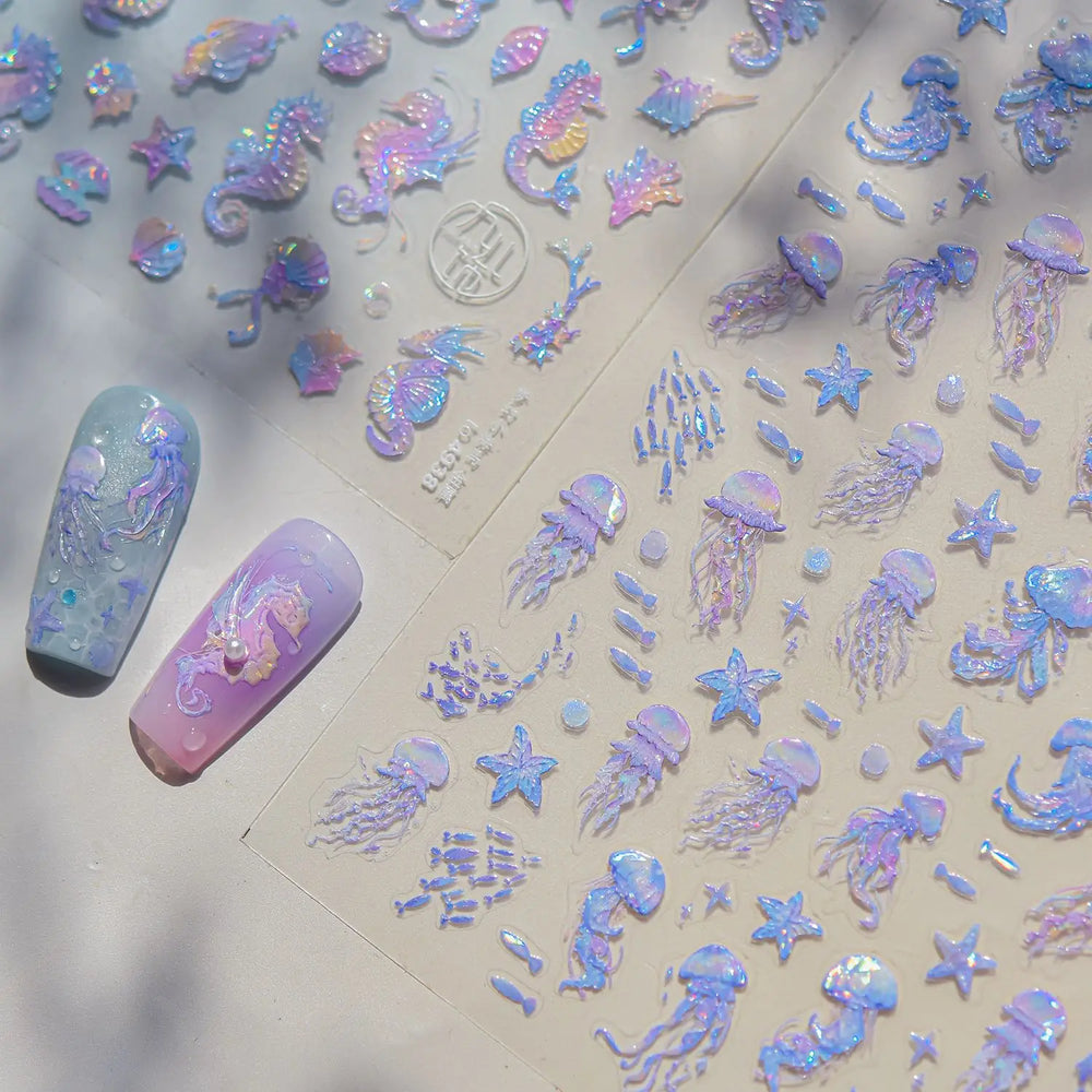 Jellyfish Schools of Fish Shoal Mermaid Tail Seahorse Dreamy Ocean Starfish Shell Coral Adhesive Nail Art Sticker Manicure Decal (ONLINE ORDER ONLY)