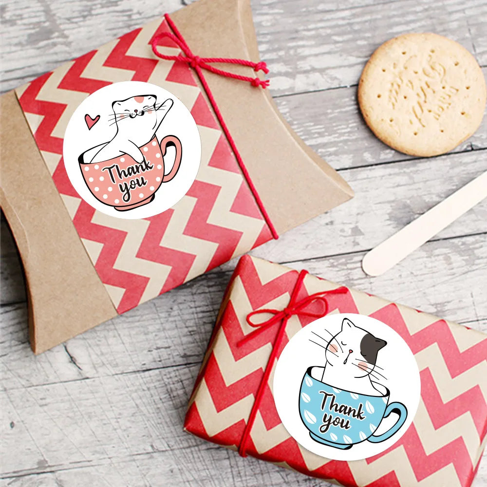 100-500 Pcs Roll 1-1.5inch Round White Decorative Gift Thank You Stickers Cartoon Hand-painted Cat Sealing Sticker Stationery (Online Order Only)