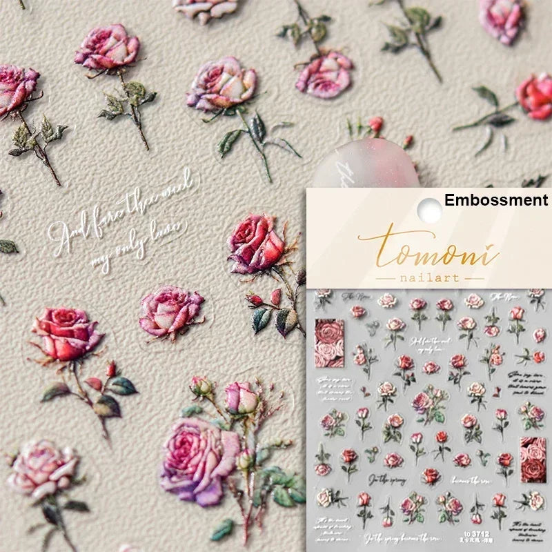 Chic Retro Rose Photo Frame Dried Flower Petal Self Adhesive Nail Art Stickers 5D Hot Stamping Relief Rhinestone Manicure Decals (Online Order Only)