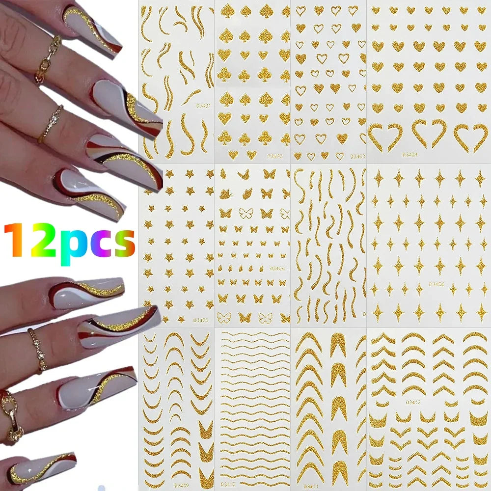 12PCS French Tassel Crescent Moon Arc Self Adhesive Nail Art Sticker 3D French Kiss Crescent Nail Stickers Lines Manicure Decals (ONLINE ORDER ONLY)