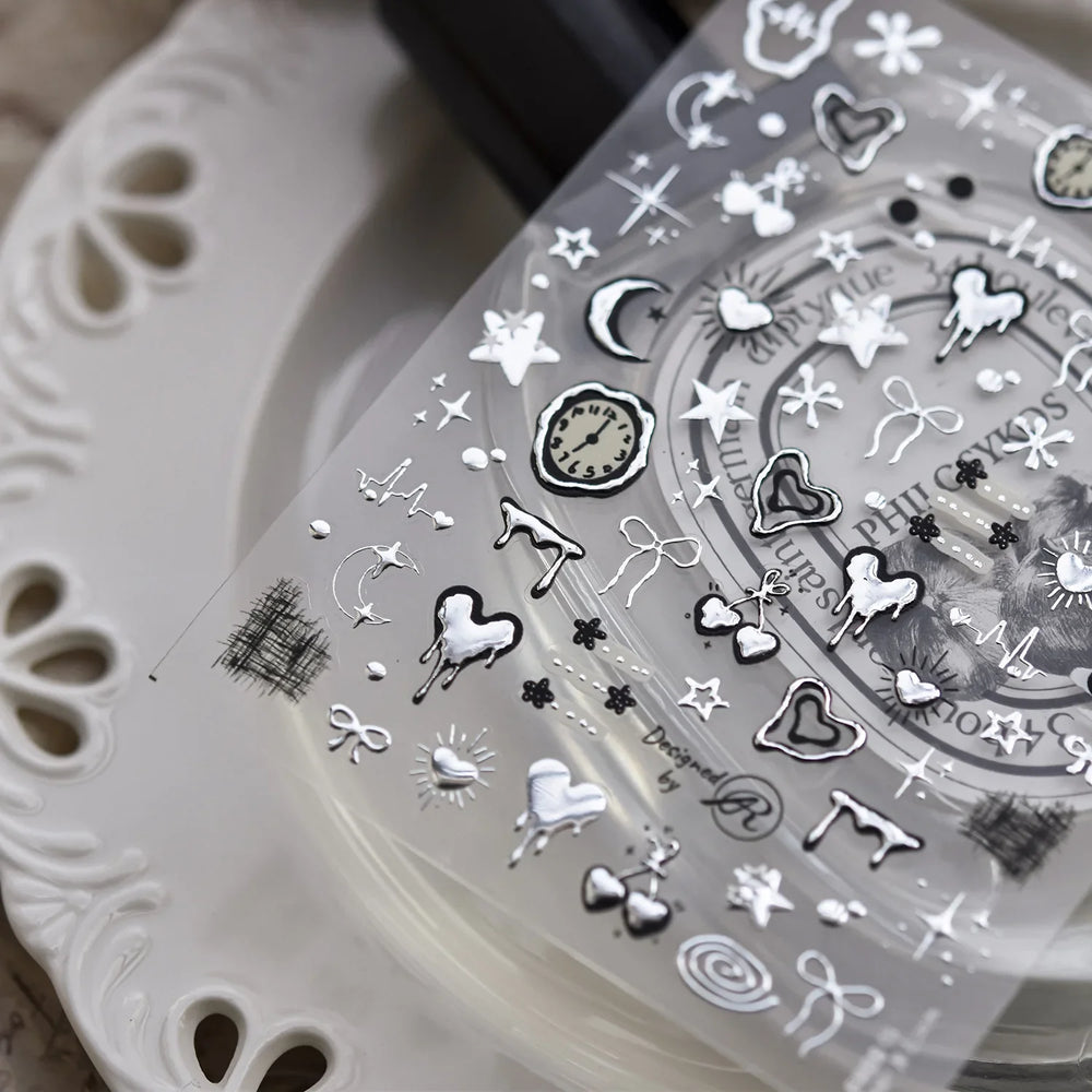 Silver Star Moon Clock Watch Cherry Love Heart Bowknot Gird Irregular Lines Dot Liquid Lava Nail Art Stickers Manicure Decals (ONLINE ORDER ONLY)