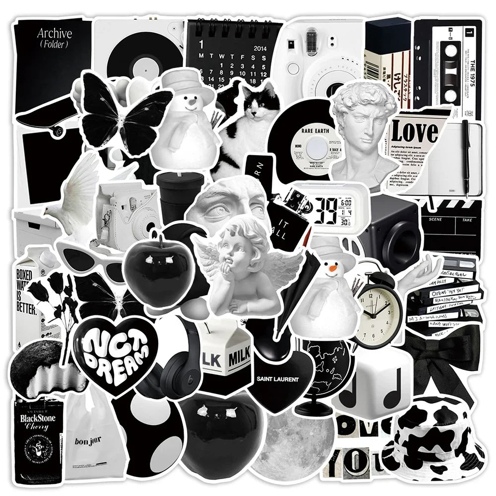 10/30/50pcs Ins Style Cute Stickers Aesthetic Black White Simple Decals Decoration Scrapbook Suitcase Laptop Fridge Wall Sticker (Online Order Only)