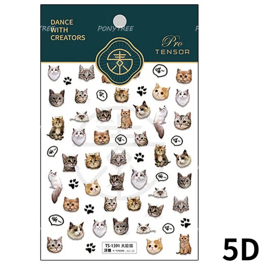 Cute Leopard Cat Ginger Cat Paw Bowknot Knitting Wool Ball Fish Self Adhesive Nail Art Stickers IllusionChic Manicure Decals (ONLINE ORDER ONLY)