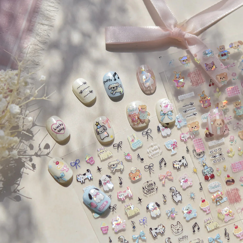 Lovely Animals Cat Dog Bear Party Puppy Kitten Cake Bowknot Flower Love Heart Lace Gird Adhesive Nail Art Sticker Manicure Decal (ONLINE ORDER ONLY)