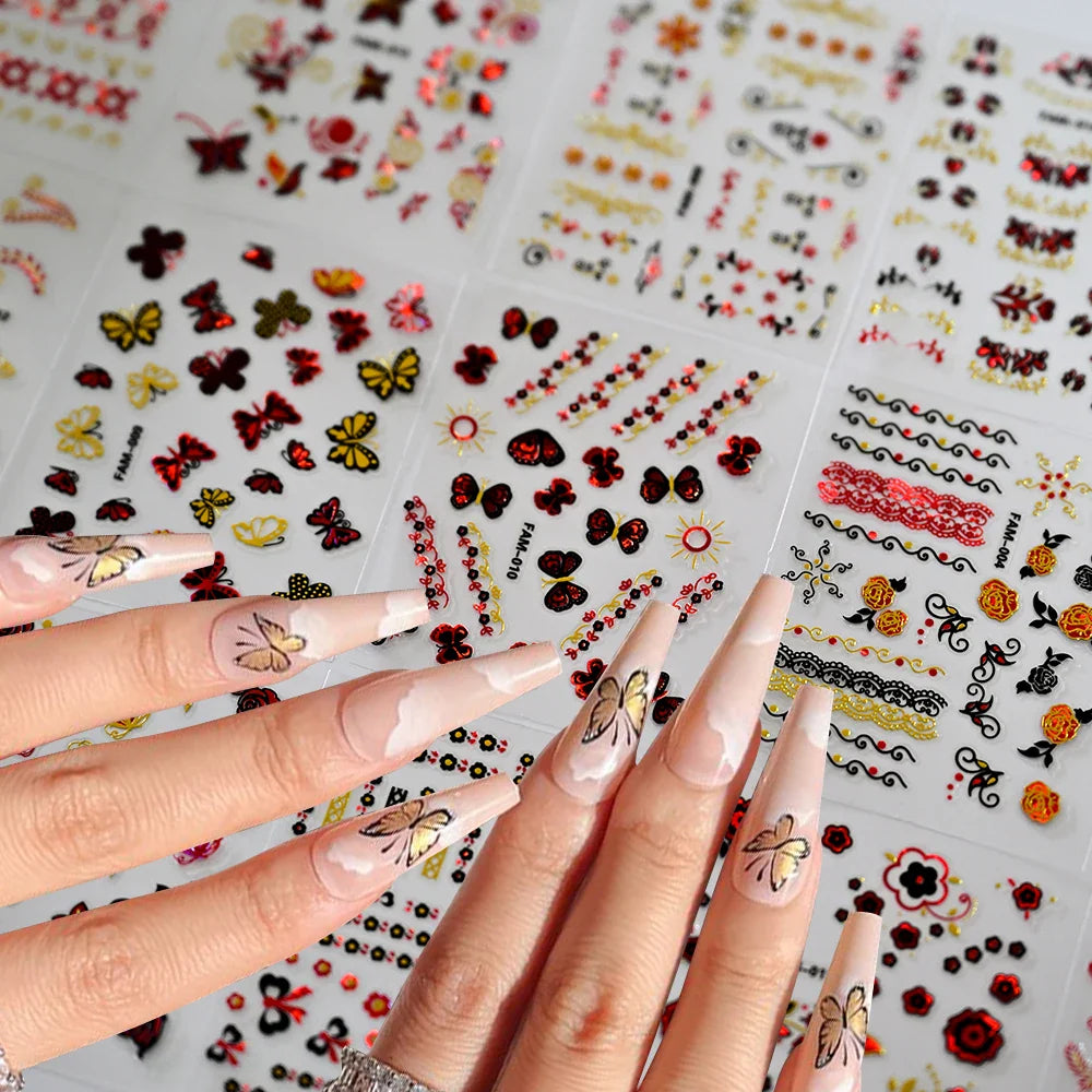 30Pcs/Set Red Golden 3D Nail Art Sticker Hot Stamping Hollow Decals Mixed Designs Adhesive Flower Nail Tips Letter Butterfly Set (Online Order Only)