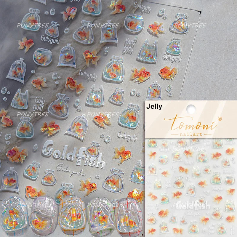 Bagful Brocaded Carp Goldfish Jellyfish Water Bubbles Seahorse Ocean Starfish Whale Adhesive Nail Art Stickers Manicure Decals (ONLINE ORDER ONLY)