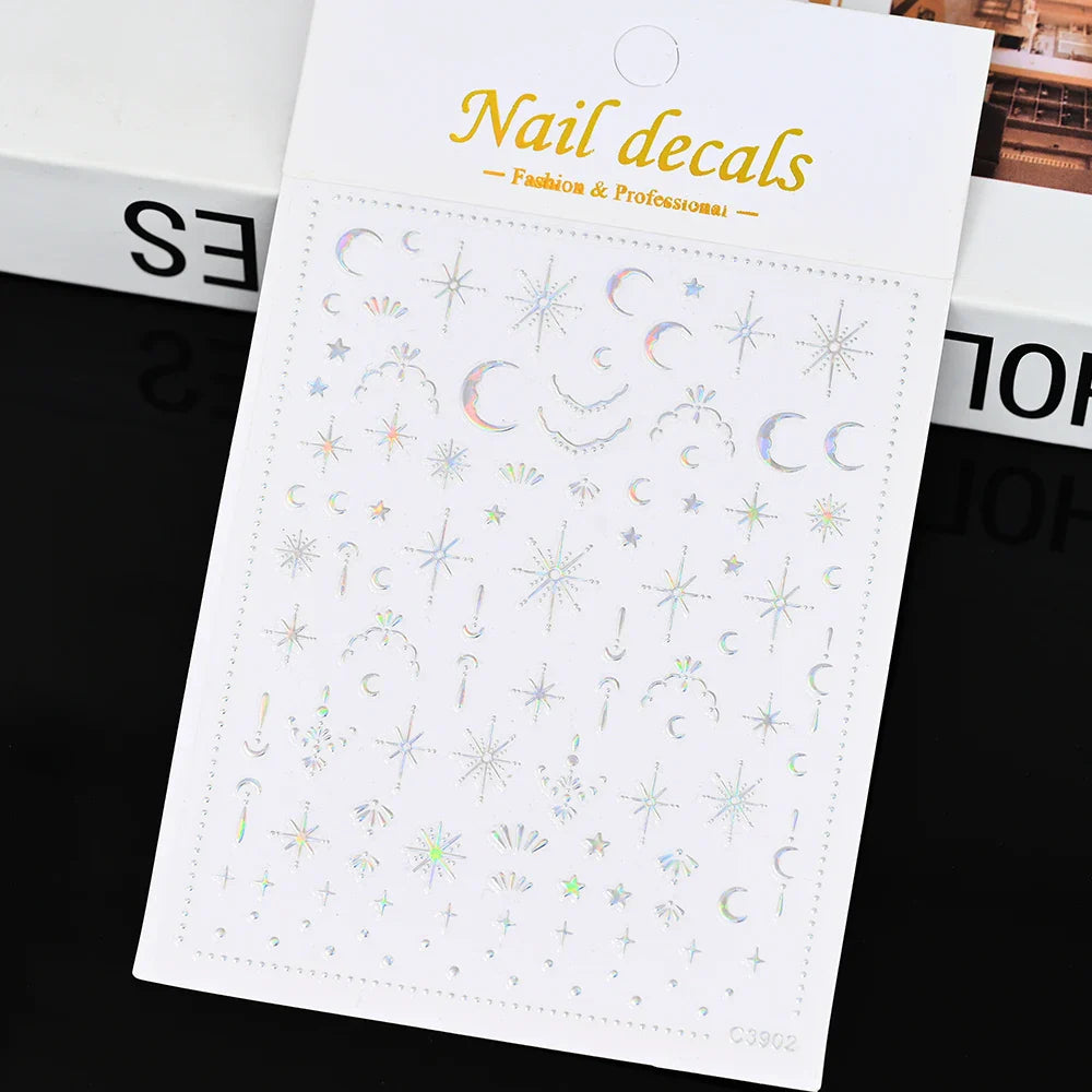 1 Sheet Star Nail Art Stickers 3d Self Adhesive Nail Decals Black White Golden Silver Color Star Design Nail Supplies Accessory (ONLINE ORDER ONLY)