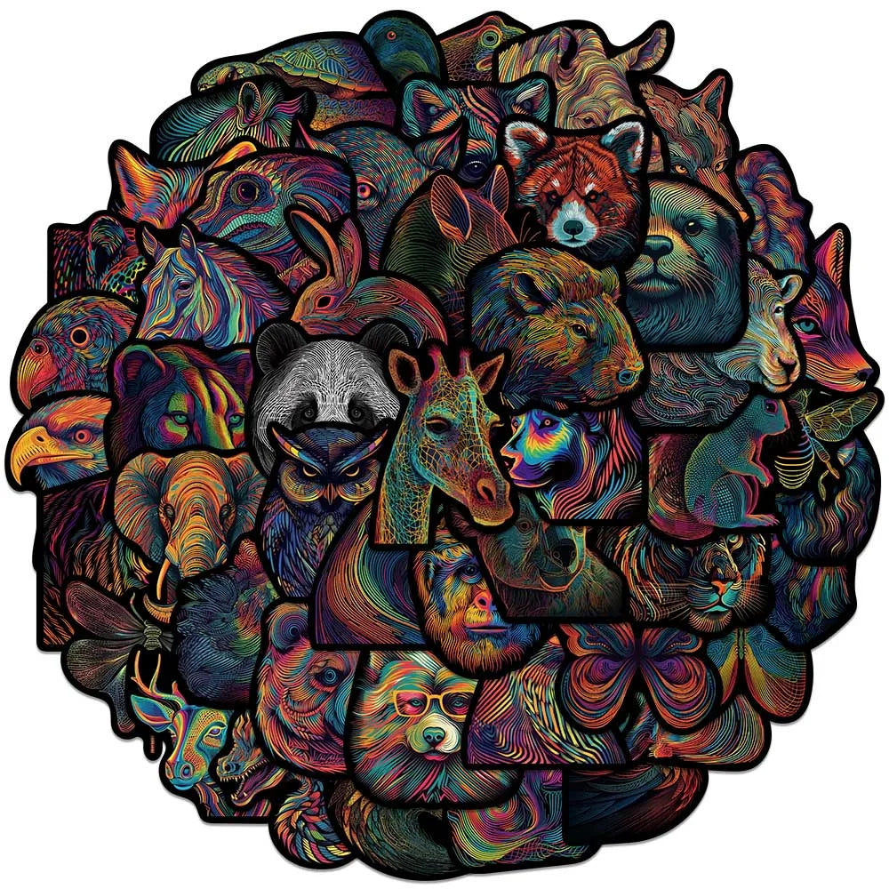 50pcs Cool Cartoon Coloruful Line Animals Stickers Psychedelic Aesthetic Art Waterproof Graffiti Laptop Phone Luggage Decals (ONLINE ORDER ONLY)