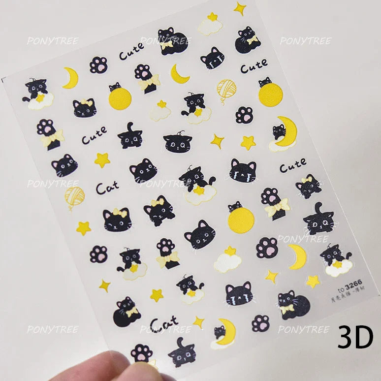 Black Cat Kitten Rabbit Cat's Paw Bowknot Tie Bunny Animals Love Heart Jelly Adhesive Nail Art Stickers Manicure Decal Wholesale (ONLINE ORDER ONLY)