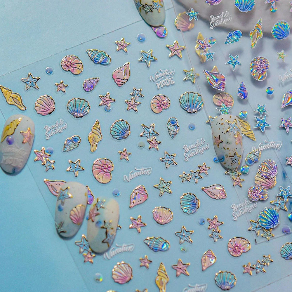 Beach Colourful Conch Dolphin Shell Starfish Jellyfish Star Summer Sea Wave Vacation Mode Water Bubble Nail Art Stickers Decals (Online Order Only)