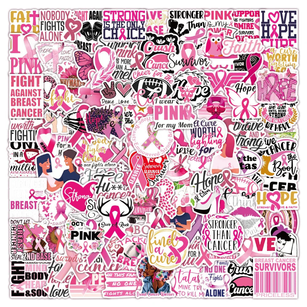Breast Cancer Awareness Pink Ribbon Stickers Waterproof Decals for Laptop, Phone, Skateboard, Scrapbook - 10/30/50/100pcs (Online Order Only)
