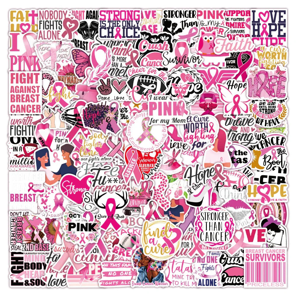Breast Cancer Awareness Pink Ribbon Stickers Waterproof Decals for Laptop, Phone, Skateboard, Scrapbook - 10/30/50/100pcs (Online Order Only)