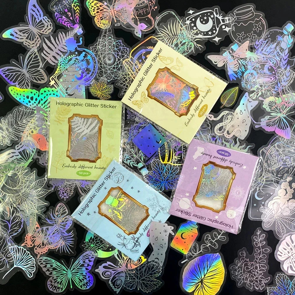 10/30/50/100PCS Holographic Laser Butterfly PET Flash Dream Stickers Aesthetic Hand Account DIY Notebook Motorcycle Car Sticker (Online Order Only)