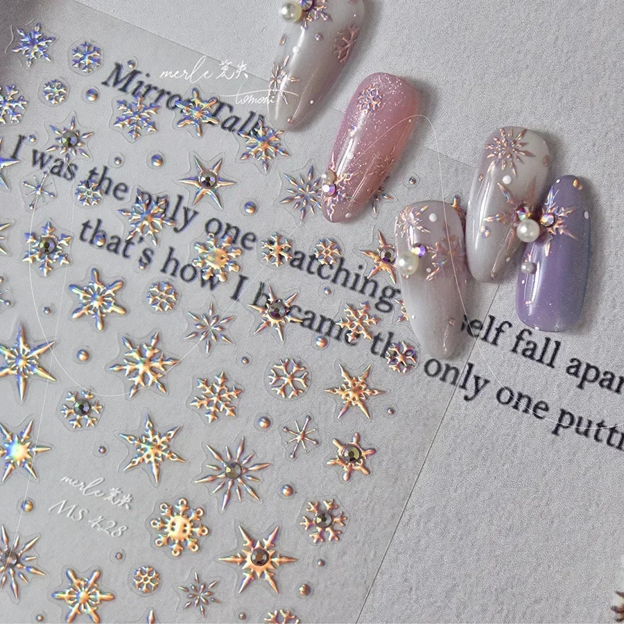 Winter Christmas Crystal Delicate Hexagon Romantic Laser Silver Chic Snowflakes Self Adhesive Nail Art Sticker 5D Manicure Decal (ONLINE ORDER ONLY)
