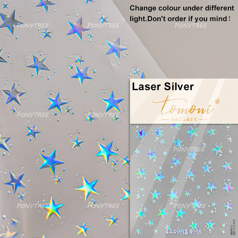 Punk Star Shiny Laser Five-pointed Star White Black Pink Hollow Out Delicate Sparkle Adhesive Nail Art Stickers Manicure Decals (ONLINE ORDER ONLY)