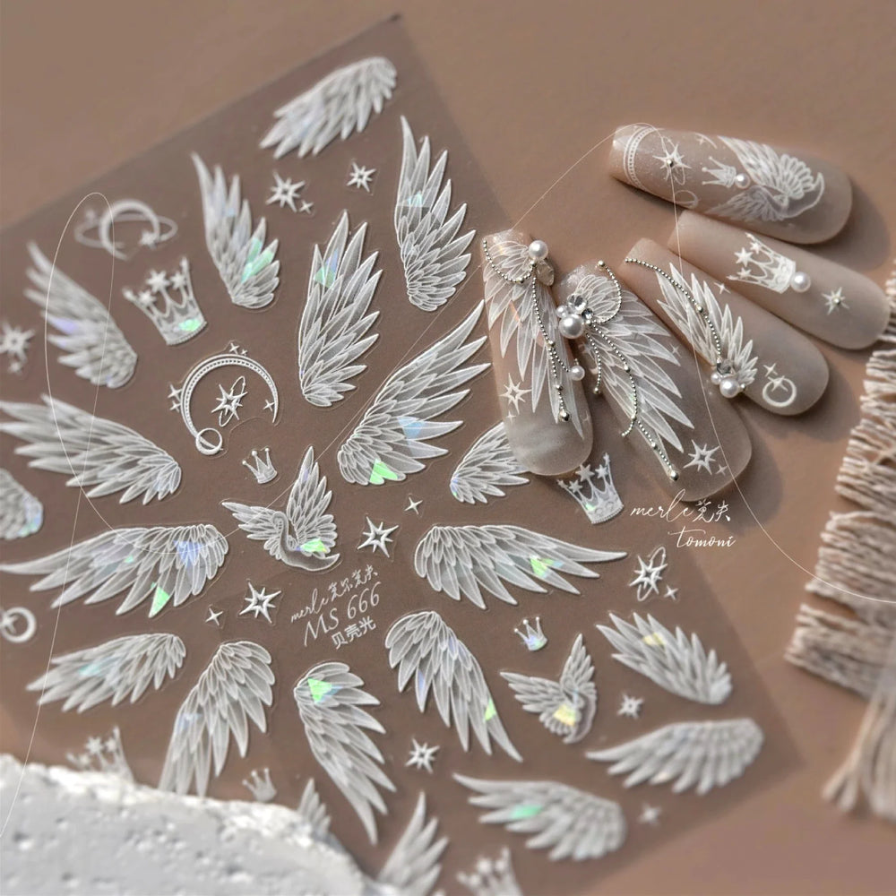 Charming White Shiny Pearl Rhinestone Wings Feathers Crown Moon Stars 3D Self Adhesive Nail Art Sticker Manicure Decal Wholesale (ONLINE ORDER ONLY)